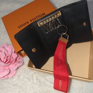 Louis Vuitton Authentic Black Epi Leather Key Holder Wallet with Red Logo Strap